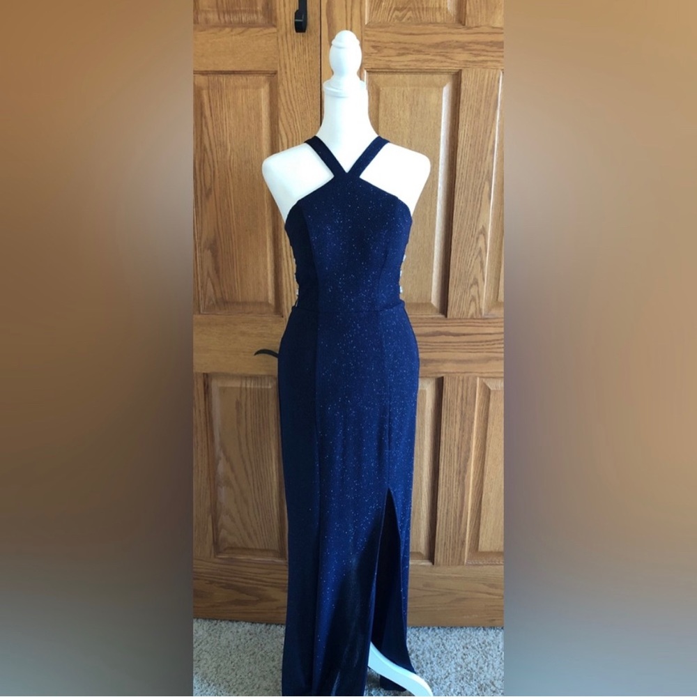 Navy sparkly halter prom dress